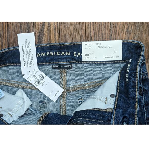 NEW American Eagle Denim Miniskirt 0 Blue Stretch High Rise Raw Edge Distressed - Picture 6 of 12